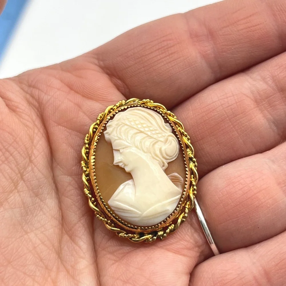 Vintage Shell Cameo Brooch Gold Tone Twisted‎ Rope Frame Hand Carved Profile Pin